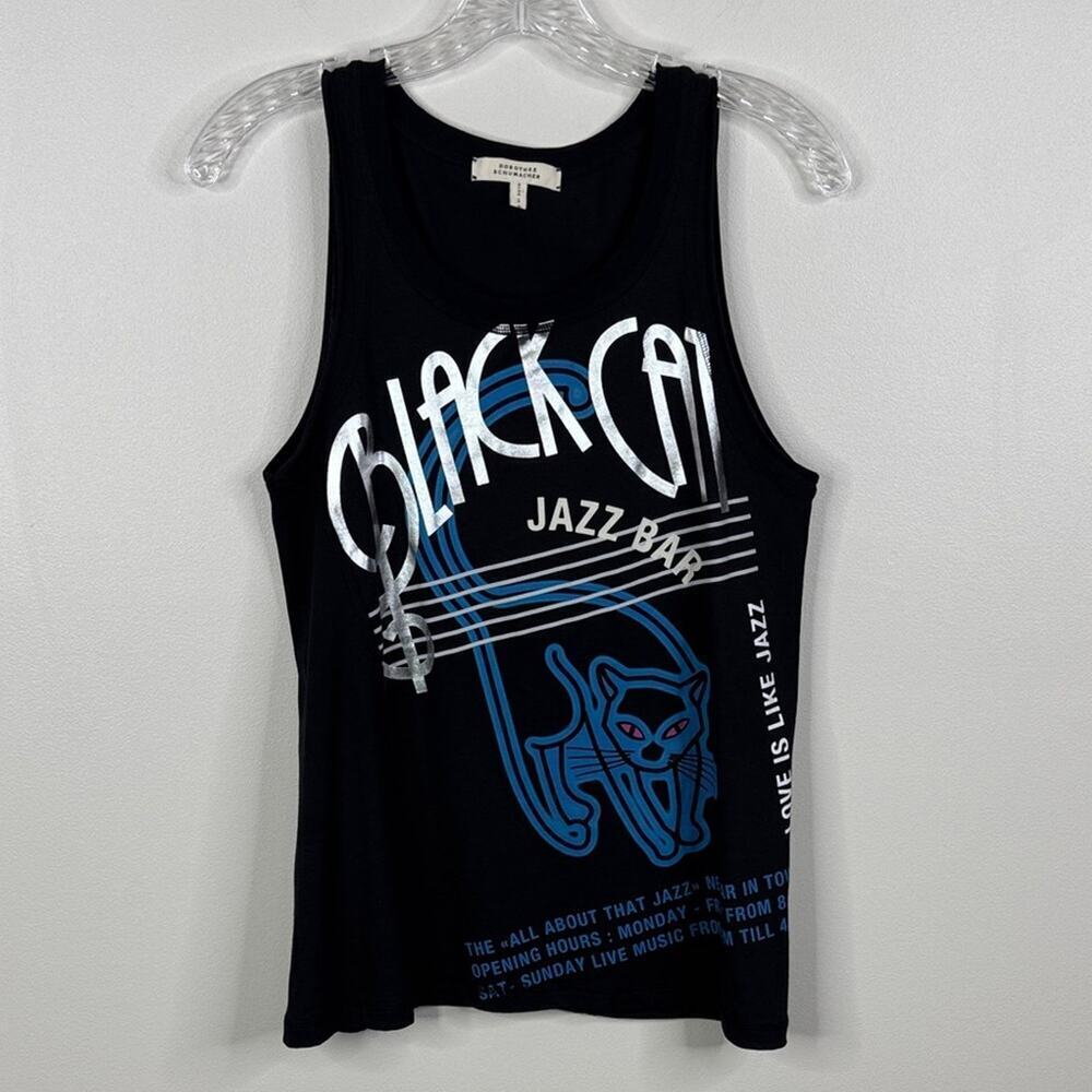 Dorothee Schumacher Black Cat Jazz Bar Tank Top Black Silver Women's Size 1 XS
